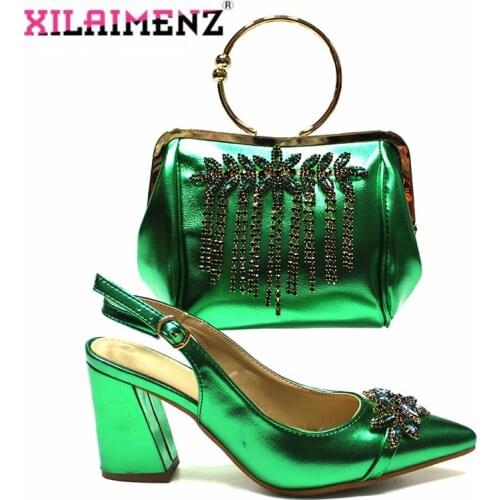 2020 Summer Buckle Strap African Green Color Shoes and Bag Set Nigerian Lady Shoes Matching Bag with Shinning Crystal for Party