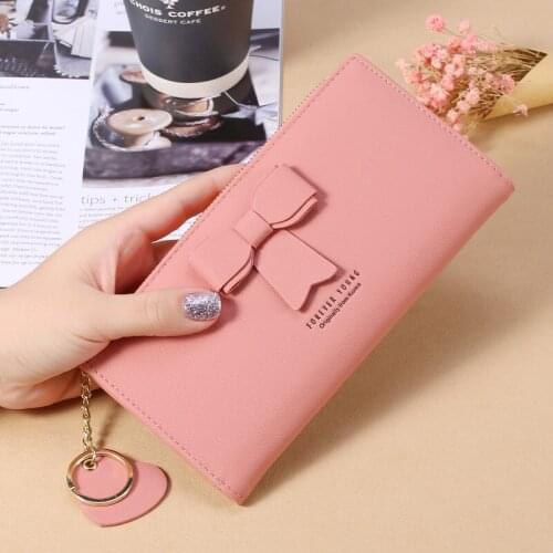 Women Bowknot Long Wallets Ladies Cute Female 6-Color PU Leather Fashion Zipper Coins Girls Clutch Phone Card Holder Bag