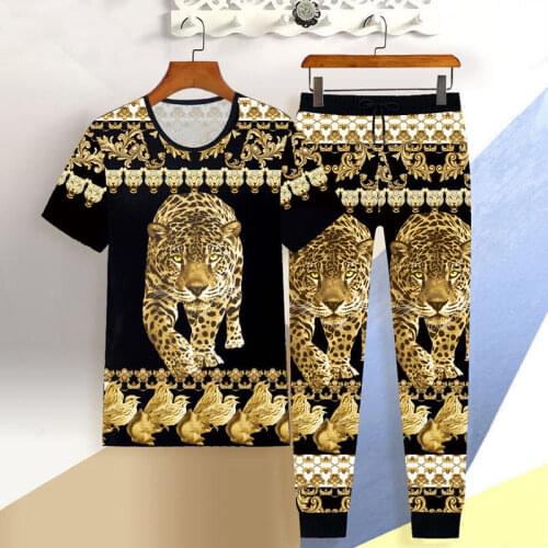 Mens summer short-sleeved tiger head T-shirt + trousers 2-piece suit 3D casual sportswear trend printing loose top tiger suit