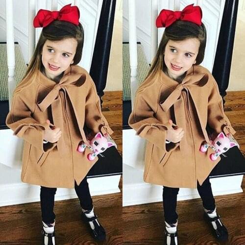 Fashion Toddler Kids Baby Girls Warm Wool Blends Bowknot Trench Coat Overcoat Outwear Jacket 2-8Y