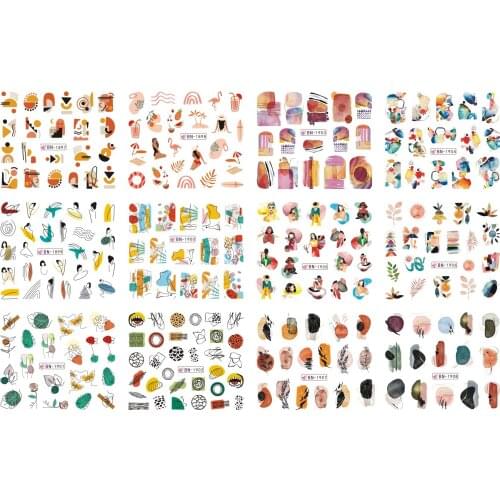 UPRETTEGO 12 PACKS / LOT NAIL ART BEAUTY WATER DECAL SLIDER NAIL STICKER ABSTRACT LINE SHAPE FLOWER WOMAN BN1897-1908