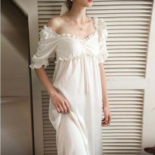 Sexy Silk Princess Nightgowns Womens Lace Square Collar Nightdress Spring Long Style Short Sleeves White Home Dress For Girls