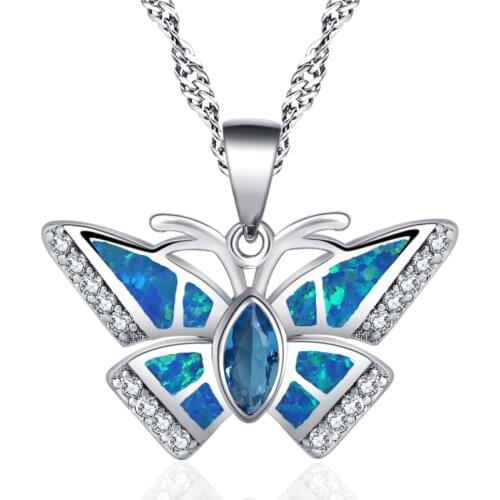 ROLILASON Anniversary Royal Butterfly blue Fire Opal silver color for girl Necklace pendant Fashion Jewelry OP819