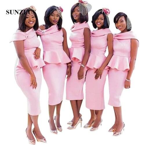 Sheath Pink Tea Length Bridesmaid Gowns Off Shoulder African Women Party Dress Robe Bordeau Femme