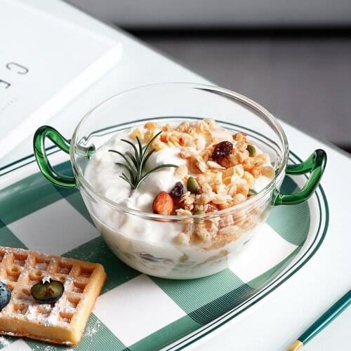 Transparent Glass Ice Cream Bowl Fruit Vegetable Salad Dessert Bowl with Green Handle Home Restaurant Microwavable Tableware