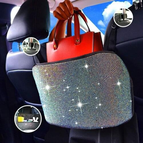 Crystal Rhinestone Car Storage Bag Organizer Barrier of Backseat Holder Multi-Pockets Car Container Stowing Tidying Hanging Bag