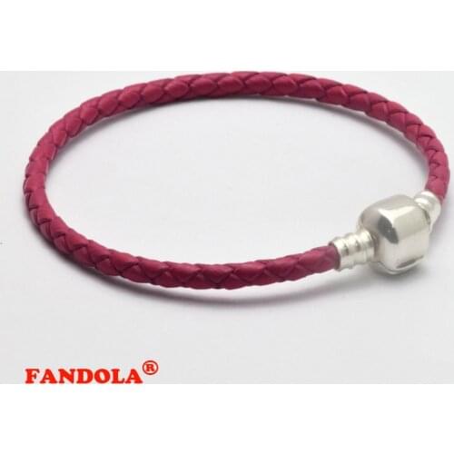 Rose Pink Leather Bracelets 925 Sterling Silver Jewelry Free Shipping