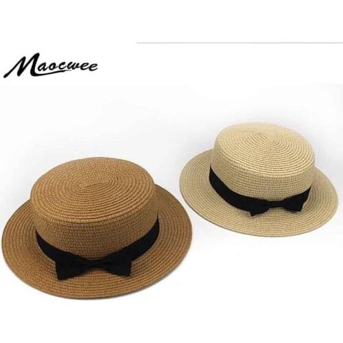 2018 Summer Lady Boater sun caps Ribbon Round Flat Top Straw Fedora Panama Hat summer hats for women straw hat snapback gorras