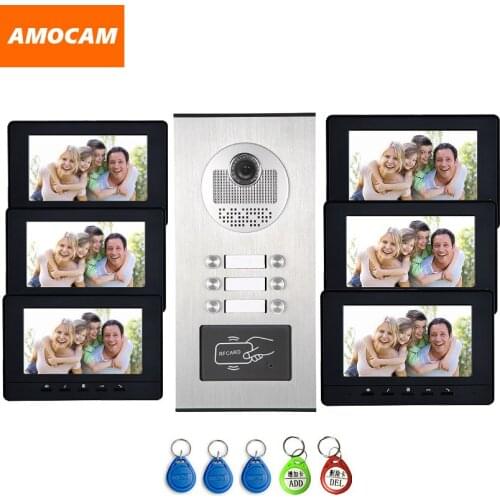 6 Units Apartment intercom system Video Door Phone Door Intercom HD Camera 7" Monitor video Doorbell 5-RFID Card for 6 Household