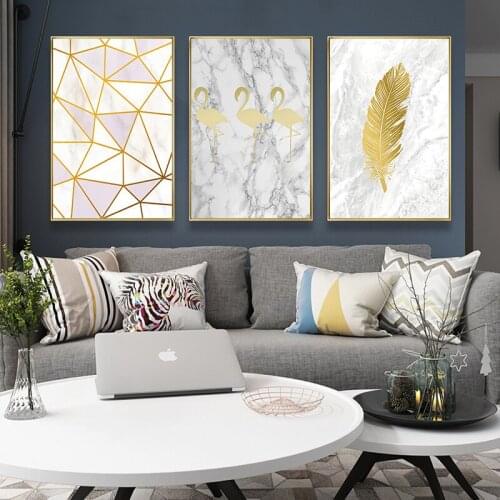 Nordic Yellow Proverb Plant Leaves Feather Bird Gray Marble Texture Canvas Painting Wall Picture Printing Poster Home Room Decor