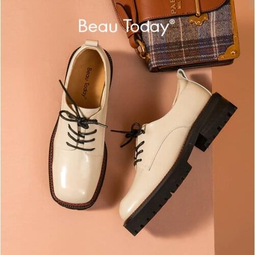 BeauToday Casual Derby Shoes Women Genuine Cow Leather Solid Square Toe Cross Tied Spring-Autumn Ladies Dress Shoes 27719