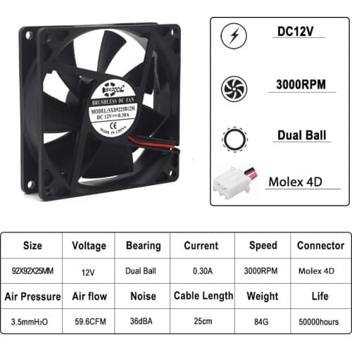 1pcs computer fan 92mm 90mm DC 12V 2Pin 92mm 92x92x25mm Dual Ball Bearing Computer CPU Cooling Cooler Fan molex 4D connector