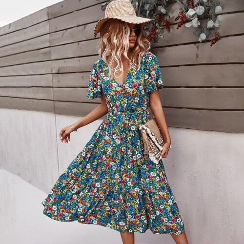 WYBLZ Summer Women Dress V Neck Floral Print Sexy Slim Midi Dress Female Asymmetrical Casual Holiday A Line Dress Vestidos Mujer