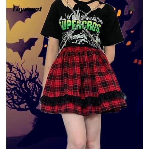 Y2k Black Red Plaid Girl Mini Skirt Gothic Lace Cool Lady Street Pleated Skirts Harajuku Empire Midi Japanses Dark Goth Clothes