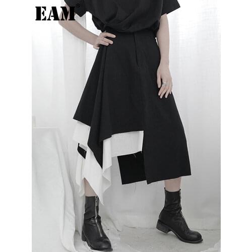 [EAM] High Waist Black Asymmetrical Double Layers Split Joint Half-body Skirt Women Fashion Tide New Spring Autumn 2021 1T666