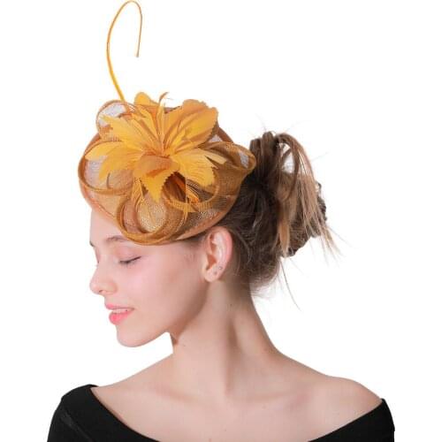 Women Gold Wedding Hats Sinamay Fascinators Headbands Female Party Headwear Bridal Royal Flower Feathers Hair Accessories XMF85