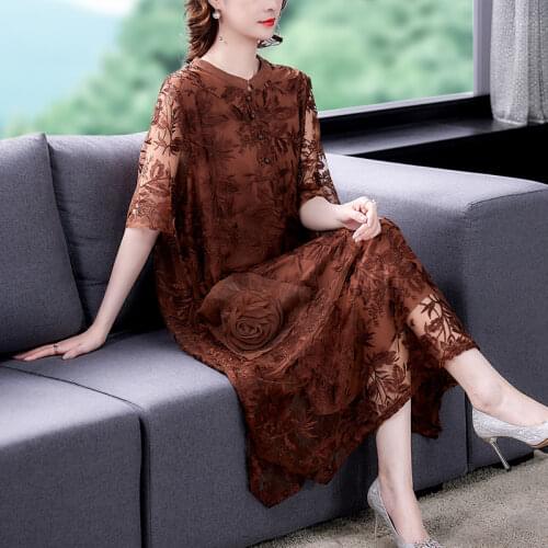 2021 Summer Women Female Embroidery Flower Purple Brown Long Dress , Woman 4xl 5xl A Line Loose Mesh Dresses