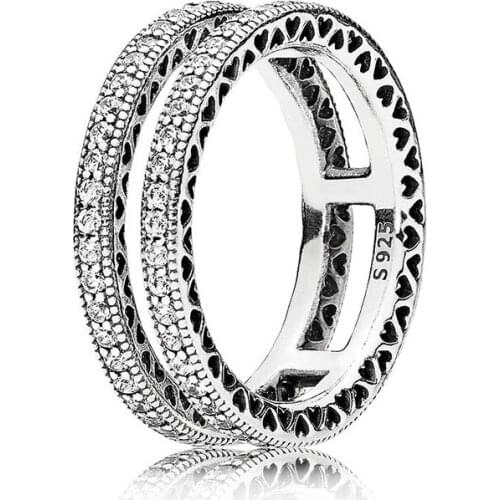 Original Double Hearts With Crystal Ring For 925 Sterling Silver Ring Women Party Gift Europe DIY Jewelry