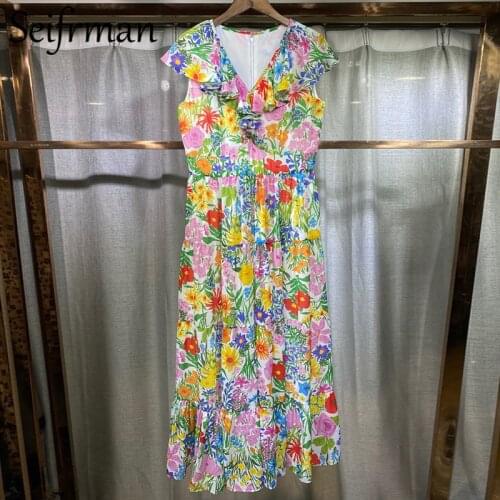 Seifrmann New 2021 Summer Women Fashion Runway Party Long Dress Sleeveless Gorgeous Ruffles High Waist Floral Printed Dresses