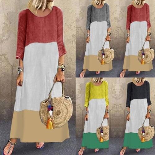 Instylish Women Spring Autumn Vintage Color Block Patchwork Long Dress Casual Three Quarter Sleeve O Neck Loose Maxi Dress 2021