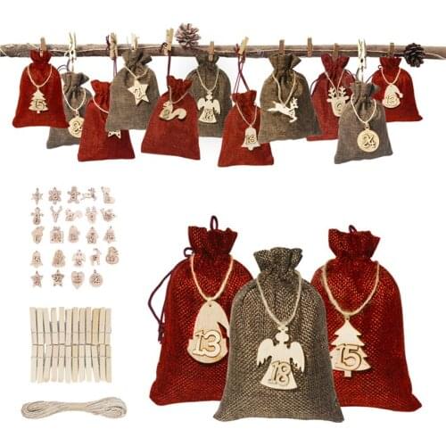 2021 24PCS DIY Numbers Bag Christmas Advent Calendar Ornament Christmas Gift Bags Calendar Countdown Bag Candy Storage Pouches