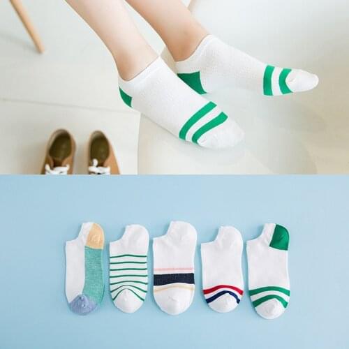 5 Pair Set Fresh White Woman Short Kawaii Cute Happy Ankle Socks Fresh Green Striped Cotton Harajuku Korean Women SoxCalcetines