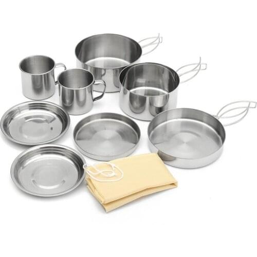 8PCS Camping Cookware Outdoor Stainless Steel Picnic Pot Pan Kit Portable Bowls Mini Cookware Bowl Cup Cover Set For 5-6 People