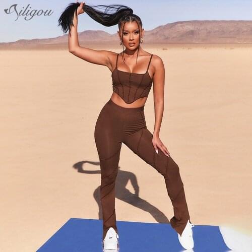 Ailigou Bandage 2-Piece Set Brown WomenS Yoga Suit Gym Push-Up Suit Workout Sports Suit Top High Waist Leggings Sports Suit