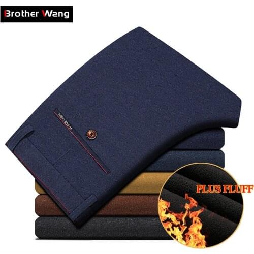 2020 Winter New Men Warm Casual Pants Business Casual Elasticity Slim Thick Plus Velvet Trousers Male Brand Clothes Khaki Navy