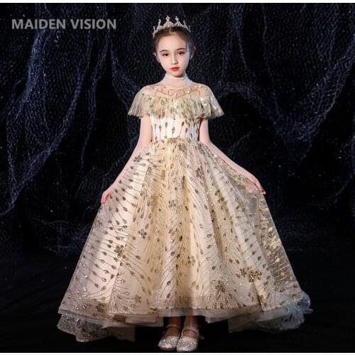 Princess Gold sequin long Dress Kids Flower Embroidery Dress For Girls Vintage Children Dresses Wedding Party Formal Ball Gown