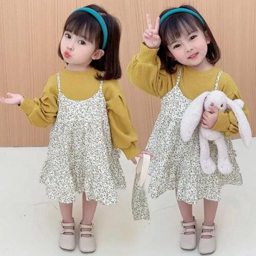 2Pcs Girls Lantern Sleeve T-Shirts Tops Floral Sling Dress for Kids Baby Cotton Spring Summer Dress for Childrens Clothes 2021