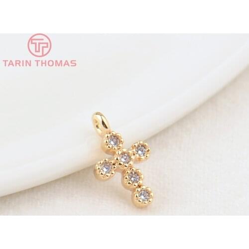 6PCS 6x10.5MM Hole 1MM 24K Gold Color Brass with Zircon Cross Charms Pendants High Quality DIY Jewelry Making Findings