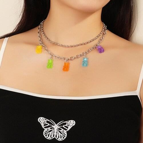 Fashion Multicolor Transparent Bear Necklace Cute Candy Color Resin Gummy Bear Pendant Necklace Women Jewelry