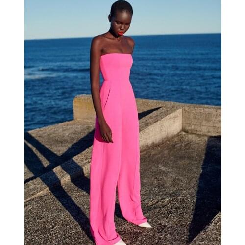 Fashion New Elegant Evening WomenS Celebrity Party Cocktail Pink Tube Top Wide Leg Mopping Jumpsuit