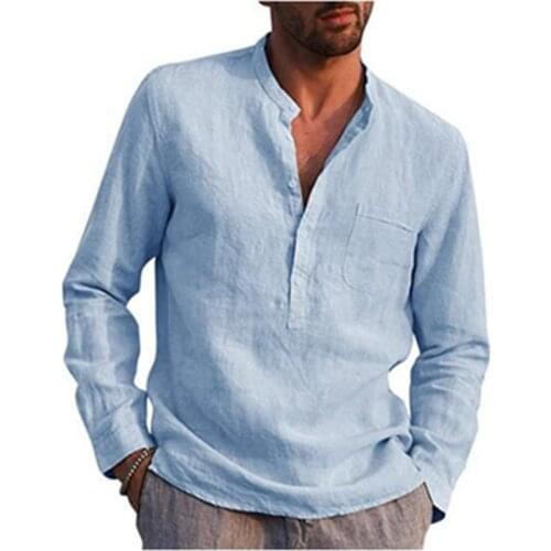 2021 Hot Sale Autumn Mens Long-sleeved V-neck Casual Linen Shirt Casual Solid Color Plus Size Mens Pullover Simple Clothing