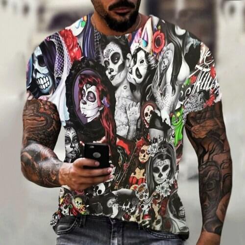Short Sleeve 2021 Summer Brand New 3d Printing Skull Demon Rose Harajuku Top Fashion T-shirt Casual Jogging Sports Mens Clothin