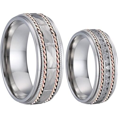 Custom 14K rose gold twist titanium cz wedding rings set for men and women designer love alliance 8mm jewelry couple ring