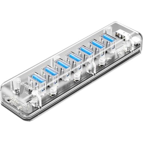 ORICO Transparent Series USB HUB 7 Port USB 3.0 Splitter with Dual Power Supply Port for Desktop Laptop Computer Accessories