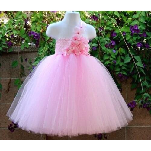 Girls Pink Flower Tutu Dress Kids Fluffy Crochet Tulle Tutus Ball Gown with Headband Set Children Wedding Party Costume Dress