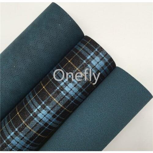 Onefly 21X29CM Blue Tartan Printed Glitter Fabric, Suede Glitter Faux leather Sheets For Bow DIY handbags shoes AQ066