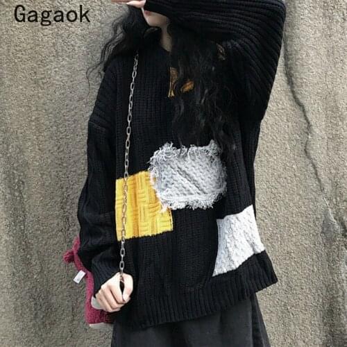 Gagaok Streetwear Spring Autumn Korean Sweaters Women 2020 New O-Neck Full Long Patchwork Loose Harajuku Casual Wild Pullovers