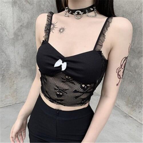 Skulls Printed Crop Top Y2K Black Tank Top Lace See Through Sexy Camis Frill Spaghetti Strape Party Top Women Clubwear