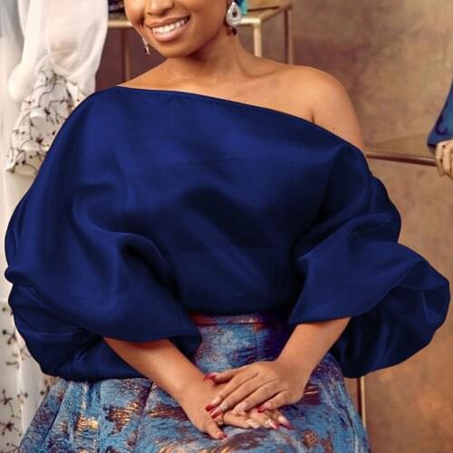 Blue Skew Collar Blouse Women 2021 New Summer Lantern Sleeve Top Woman Orange Sexy Backless Plus Size XXL Women Tunic