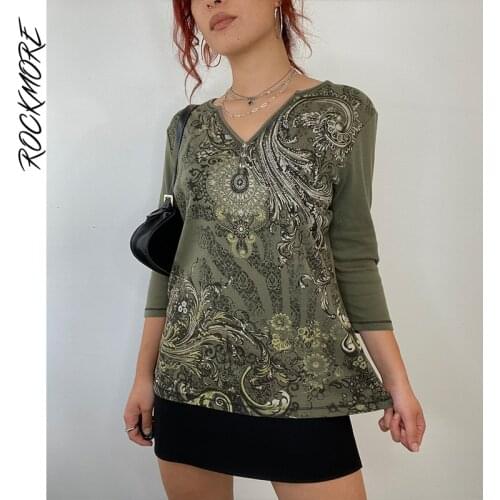 Rockmore Fairy Grunge Print Long Sleeve Tops Autumn V-neck T-Shirt Women Harajuku Y2K Aesthetic Casual Tee Shirt Vintage Clothes