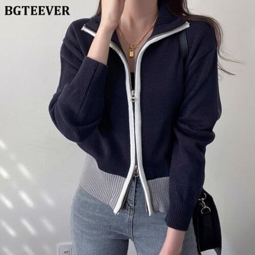 BGTEEVER Casual Chic Patchwork Turtleneck Cardigans Sweaters for Women Double Zippers Full Sleeve Female Knitted Tops 2021