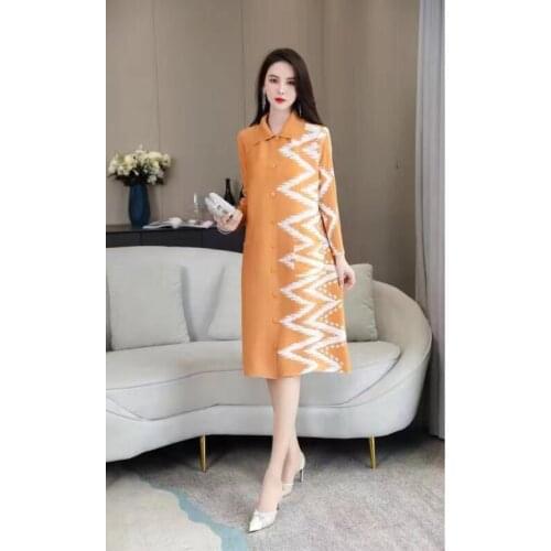 Miyake Pleated Dress WomenS Early Fall 2021 Long Sleeve New Polo Neck Loose Temperament Medium Long Skirt Coat Available