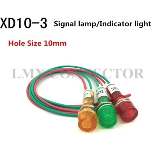 20PCS 10mm XD10-3 Plastic Case Red Yellow Green 24V/220V/380V Wire 190mm Signal Lamp Indicator Light Connector