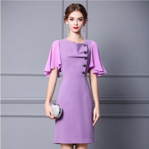 Asymetrical Collar Purple Blue Black Color Woman Short Dress Butterfly Sleeve Lady Summer OL Skirt Business Female Pencil Skirts