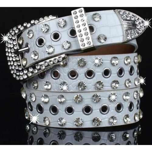 White leather belts men women unisex rhinestone luxury belts wide buckle punk belts Metal Waistband