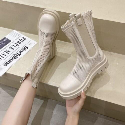 Women Ankle Boots Beige Summer Short Boots Womens High Top Sandals Breathable Casual Zipper Female Fashion Shoes bottine femme
